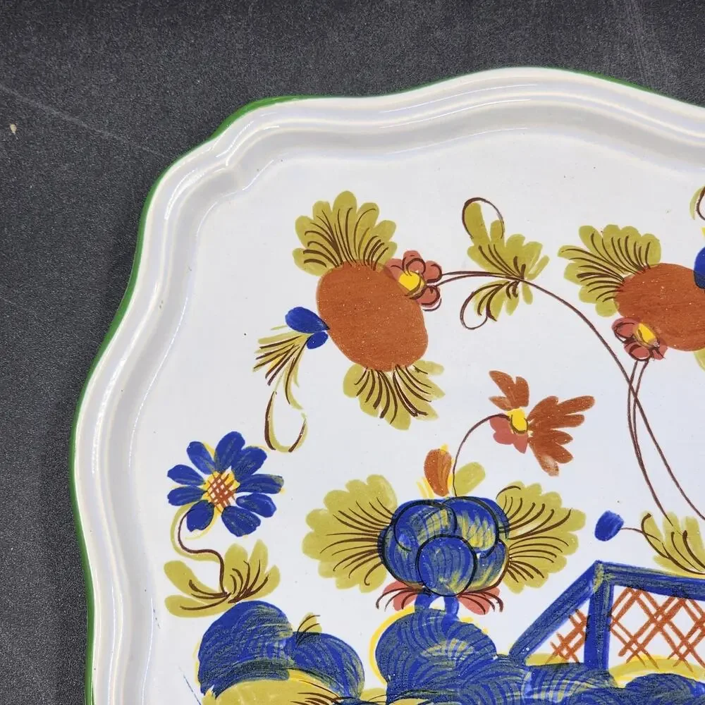 Faenza Italy Garofano Carnation Ceramic Dish Green Trim Garden Scene 8